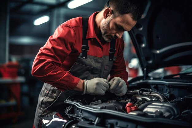 A mechanic in a workshop diagnoses and repairs the engine and car systems Car repair and diagnostics in the garage Modern car service Brutal worker mechanic