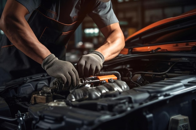 A mechanic in a workshop diagnoses and repairs the engine and car systems Car repair and diagnostics in the garage Modern car service Brutal worker mechanic