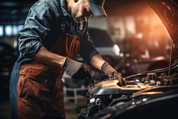 A mechanic in a workshop diagnoses and repairs the engine and car systems Car repair and diagnostics in the garage Modern car service Brutal worker mechanic