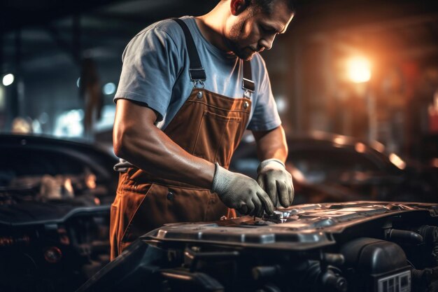 A mechanic in a workshop diagnoses and repairs the engine and car systems Car repair and diagnostics in the garage Modern car service Brutal worker mechanic