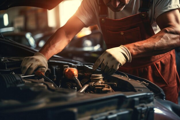 A mechanic in a workshop diagnoses and repairs the engine and car systems Car repair and diagnostics in the garage Modern car service Brutal worker mechanic