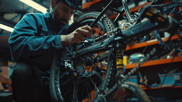 A mechanic in a workshop intently working on a bicycle representing dedication to craftsmanship and detail