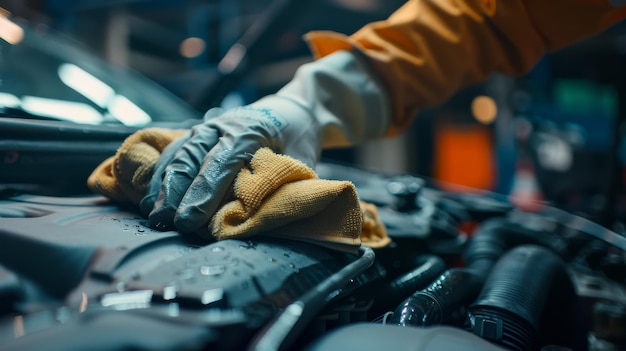 Photo a mechanic in yellow gloves is cleaning a car engine with a microfiber cloth