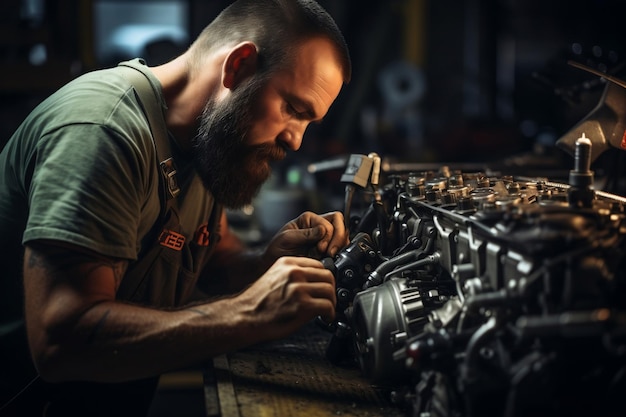 Mechanic39s Hands Up Close Engine Work in Car Garage Warehouse AI