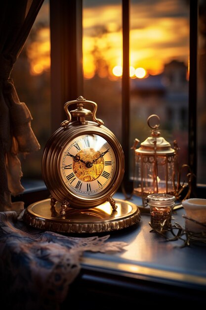 a mechanical clock on a table by the window