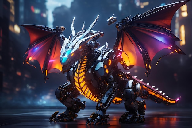 Mechanical dragon with glowing wings in futuristic city Suitable for scifi concepts video games