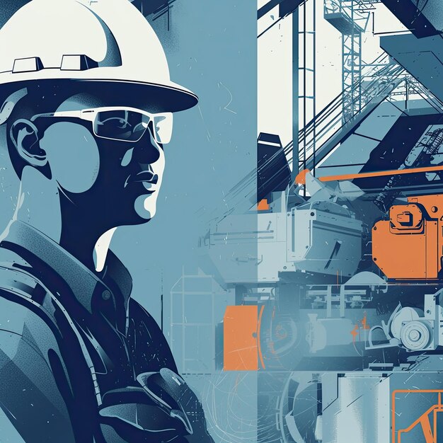 Mechanical engineer in action with simple geometric shapes and thin lines The mechanical engineer is depicted wearing a hard hat safety glasses and a work vest