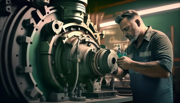 Mechanical engineer Centrifugal pump inspection in the pump room Generative AI worker in the plant room