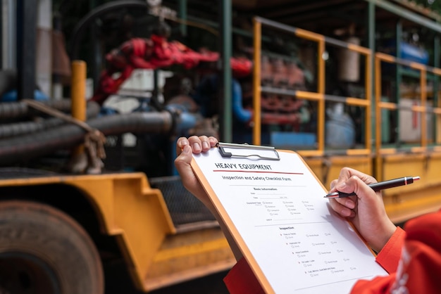 A mechanical engineer is checking on heavy machine and equipment inspection checklist