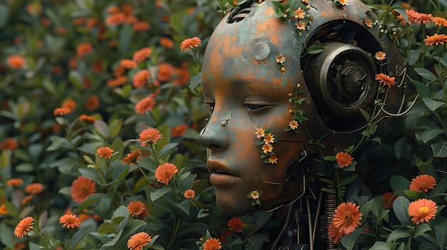 Mechanical Enlightenment A Rusty Robot Head Overgrown with Vibrant Flowers