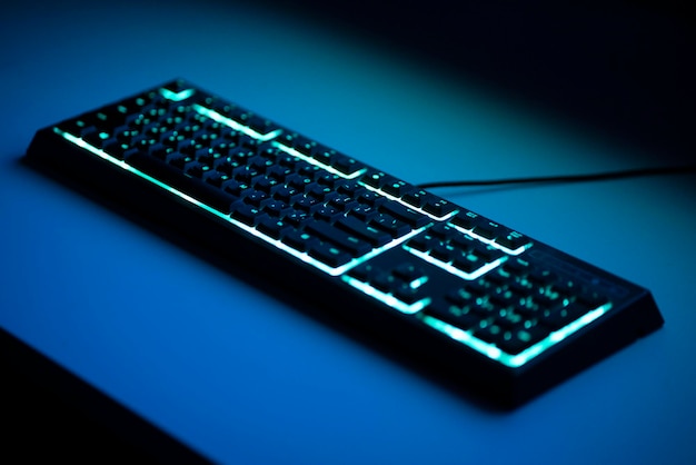 Mechanical gaming computer keyboard with rgb led backlight on the table at night