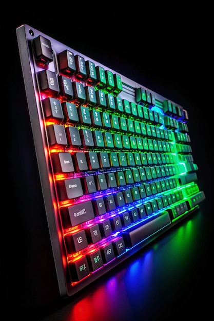 Mechanical gaming keyboard lit up with RGB LED lights 65 size keyboard Colors include red green and blue Isolated on its own as a product photo Plain black background