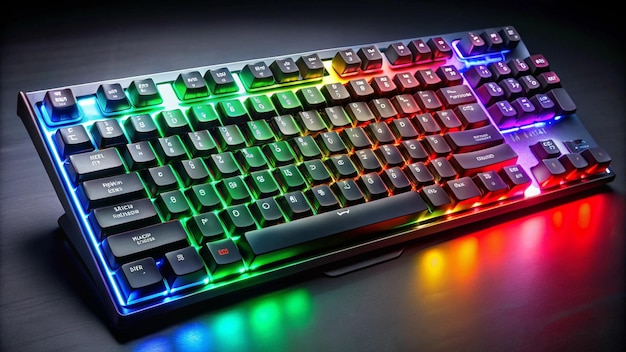 Mechanical gaming keyboard lit up with RGB LED lights 65 size keyboard Colors include red green and blue Isolated on its own as a product photo Plain black background