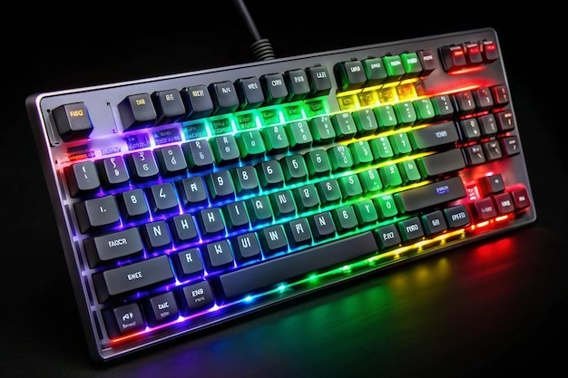 Mechanical gaming keyboard lit up with RGB LED lights 65 size keyboard Colors include red green and blue Isolated on its own as a product photo Plain black background