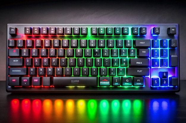 Mechanical gaming keyboard lit up with RGB LED lights 65 size keyboard Colors include red green and blue Isolated on its own as a product photo Plain black background