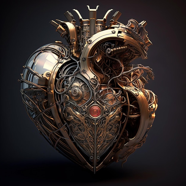 Mechanical heart of cyborg robot made of gold metal anatomically shaped motor Generative AI