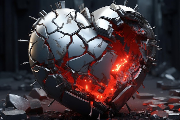 The mechanical heart shatters into pieces Art of a human heart in the industrial style Generative AI