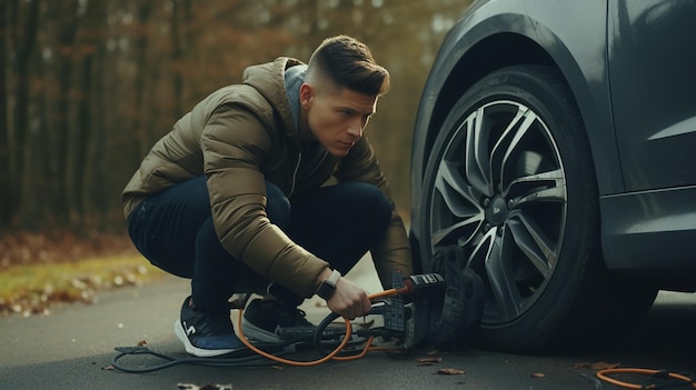 Photo mechanical melodies changing a car tire with music