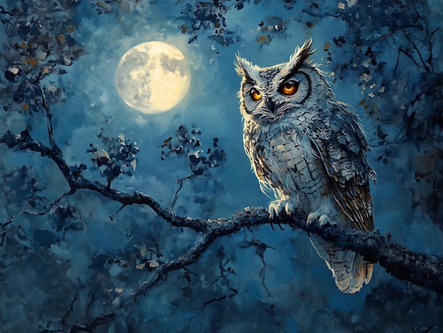 Photo mechanical owl perched on glowing tree branch pastel painting