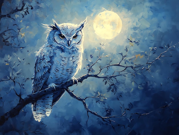 Photo mechanical owl perched on glowing tree branch pastel painting