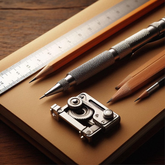 Photo mechanical pencil and ruler resting on a simple notebook