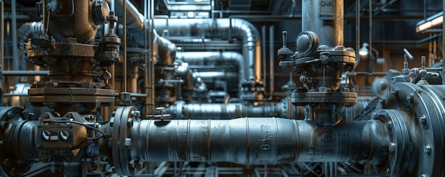 Mechanical room featuring an intricate network of pipes and valves with industrial lighting casting