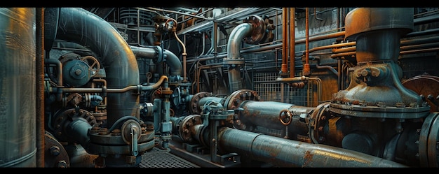 Mechanical room showcasing a complex array of pipes and valves with industrial lighting casting