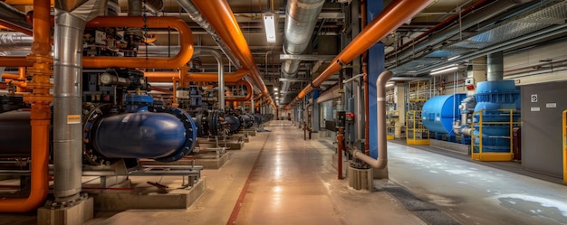 Mechanical room with an extensive network of pipes and valves surrounded by industrial machinery