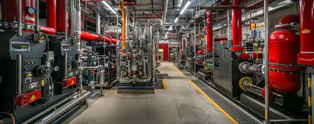 Mechanical room with an extensive network of pipes and valves surrounded by industrial machinery