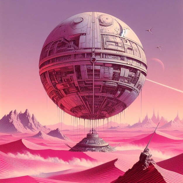 a mechanical sphere floating over a pink desert illustration by Moebius