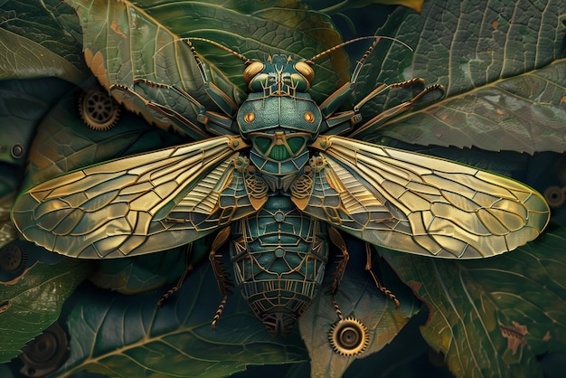 Photo mechanical steampunk cicada in style of art nouveau by generative ai