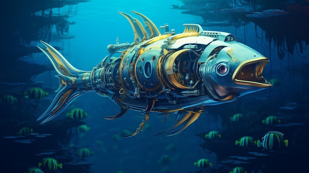 Mechanical submarine fish is in blue ocean water abstract