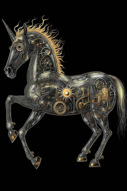 mechanical unicorn 1950 illustration black background