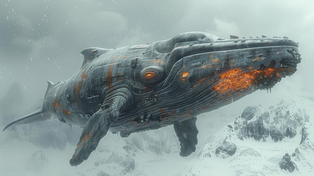 A Mechanical Whale Soaring Through a Snowy Landscape