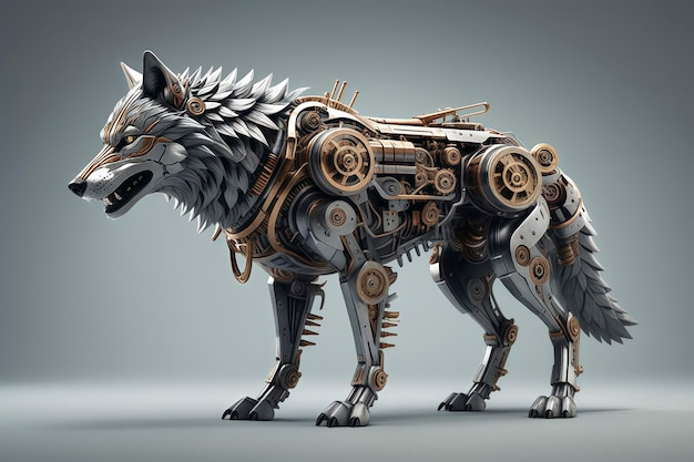 Photo a mechanical wolf standing tall full body portrait wallpaper 3d rendering