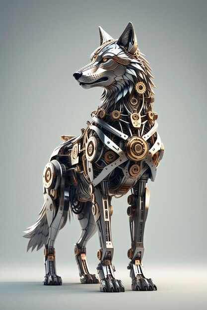 Photo a mechanical wolf standing tall full body portrait wallpaper 3d rendering