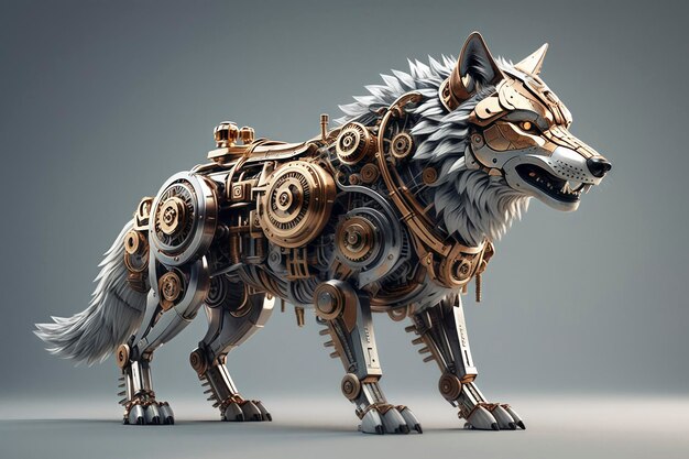 Photo a mechanical wolf standing tall full body portrait wallpaper 3d rendering