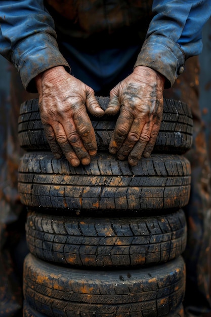 A mechanics hands covered in grime hold a tire as he works at a tire shop or workshop