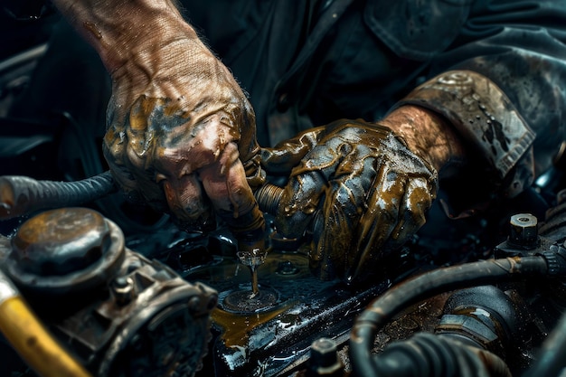 Mechanics Hands Covered in Oil and Grease Working on Engine Repair Automotive Maintenance CloseUp