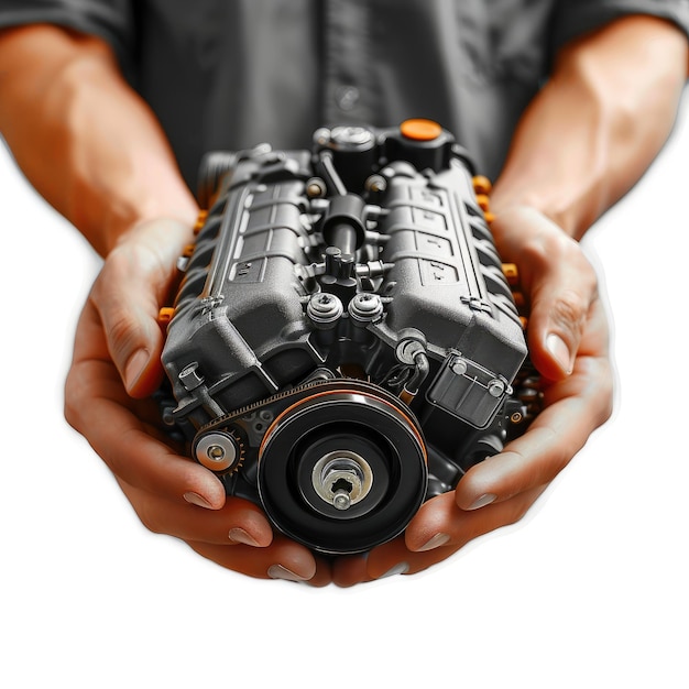 A mechanics hands hold a small engine showcasing intricate details