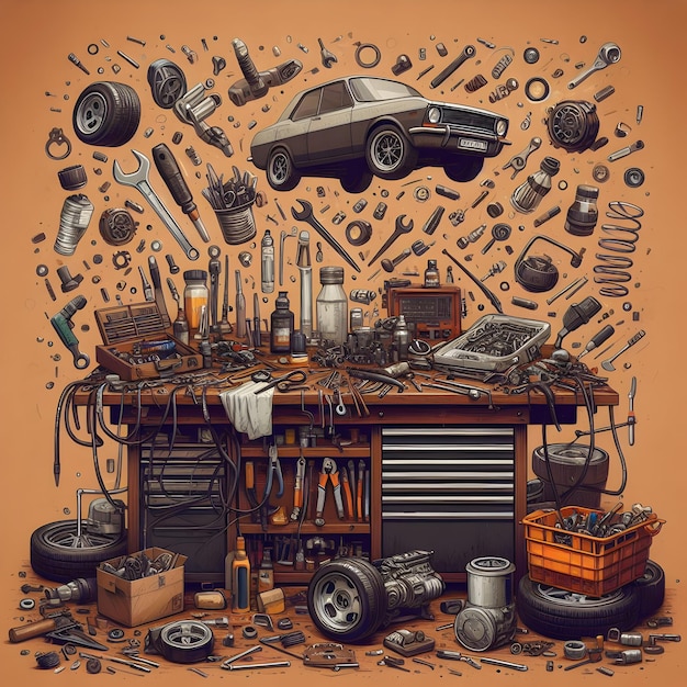 A mechanics workbench cluttered with tools and parts during a repair job in a car workshop isolate