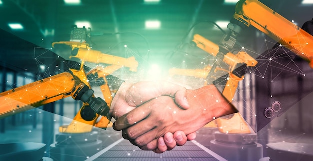 Mechanized industry robot arm and business handshake double exposure