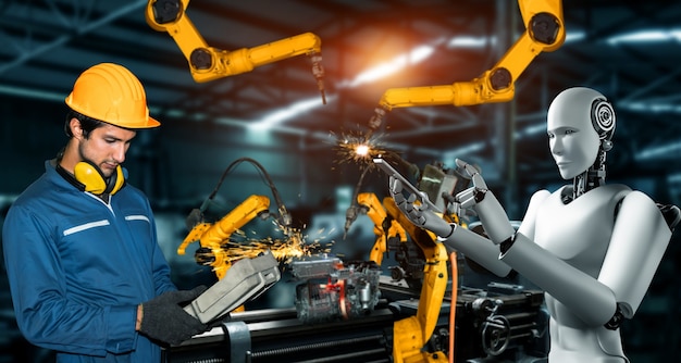 Mechanized industry robot and human worker working together in future factory