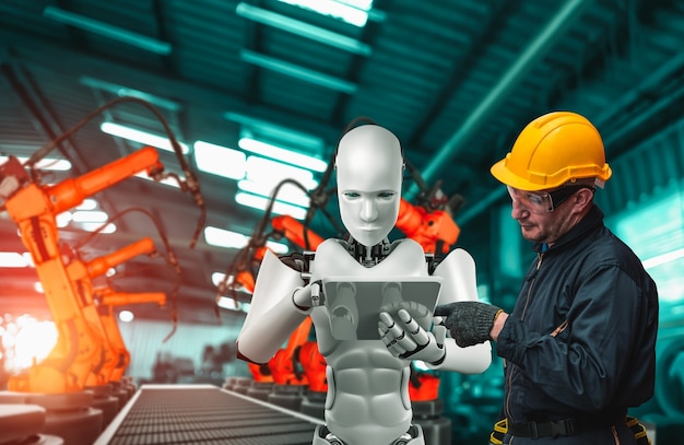 Mechanized industry robot and human worker working together in future factory