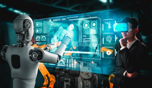 Mechanized industry robot and human worker working together in future factory