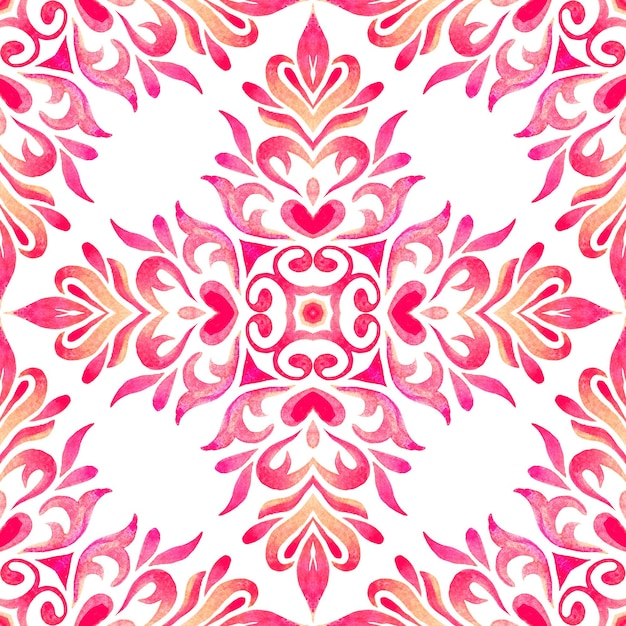 Medallion damask tile watercolor hand drawn floral pattern pink and white portuguese tile