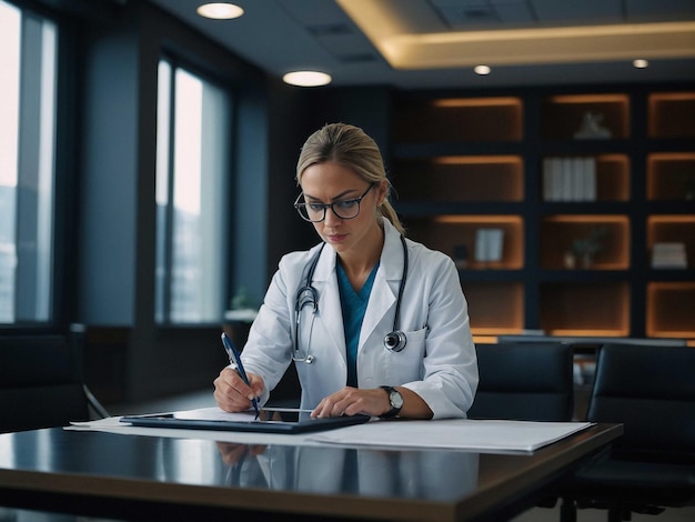 Medical Assistant Leaning forward with a digital table_1