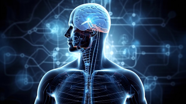 A medical background with a technology design over a guy body with a highlighted brain Generative AI