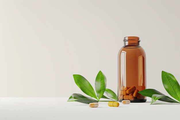 Photo medical bottle for pills with herbal pills and green leaf