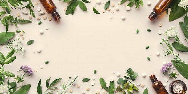 Photo a medical bottle with green leaves and white pills on a white background